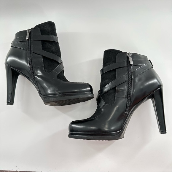 French Connection ankle bootie 41 black patent leather calf hair platform boots - Picture 6 of 11
